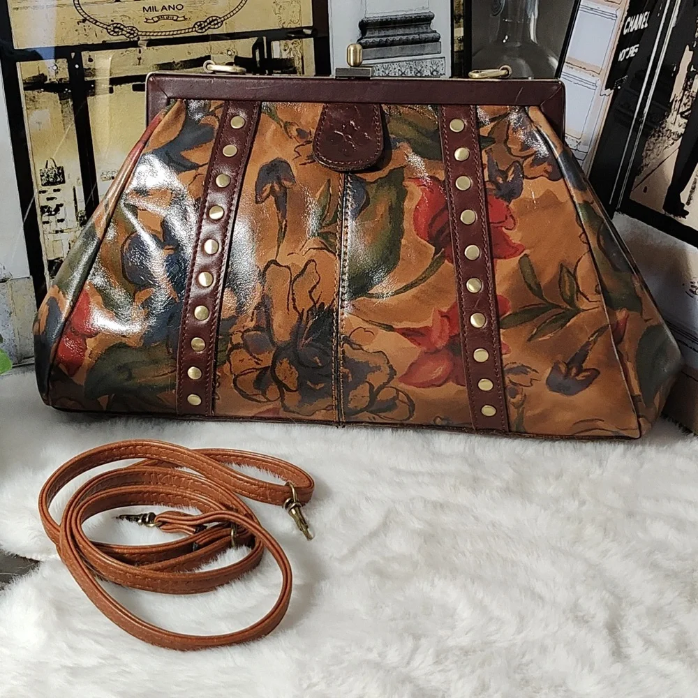 Patricia Nash Floral Painted Leather Satchel in Tan, Brown, Green, Red - Picture 1 of 15